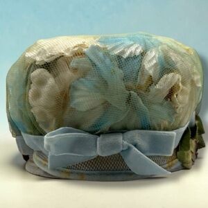 MCM Vintage 1950s Blue & White Floral Pillbox Hat, Netting, Bow Structured Frame
